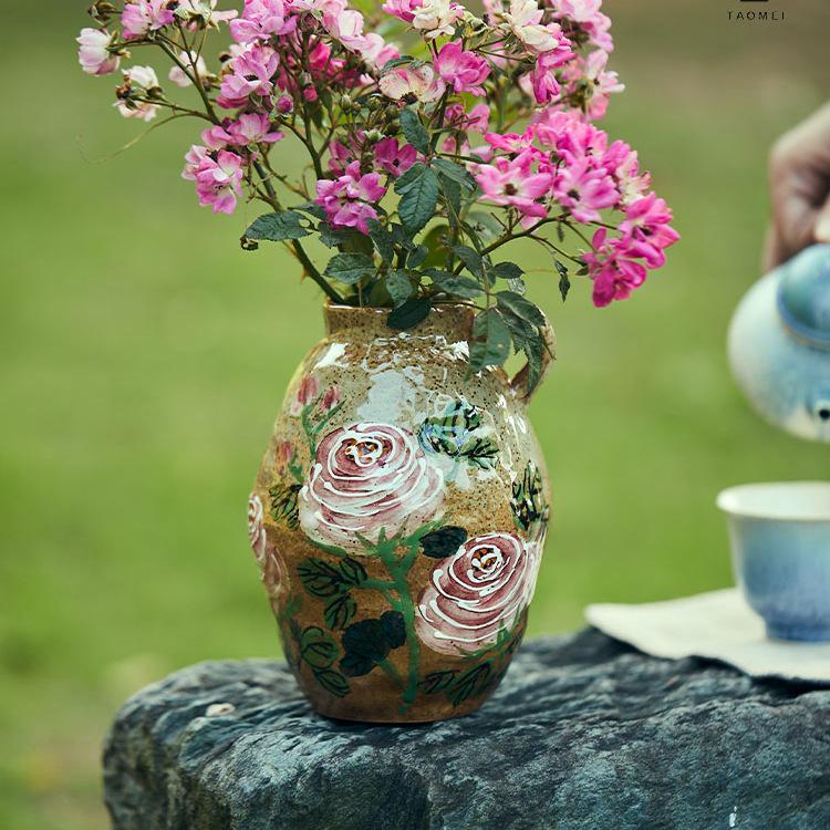 Valley Hand-Painted Rose Ceramic Vase for Living Room Decor, Flower Arrangement, or Hydroponic Use