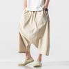 Mens Linen Cotton Blend Wide Leg Pants Loose Fit 8 Inch Length Low Crotch Plus Size Japanese Style Solid Color Casual