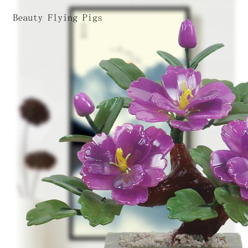 23X10X21CM Chinese Creative Natural Jade Peony Flower Bonsai Decoration Home Living Room Jade Carving Crafts
