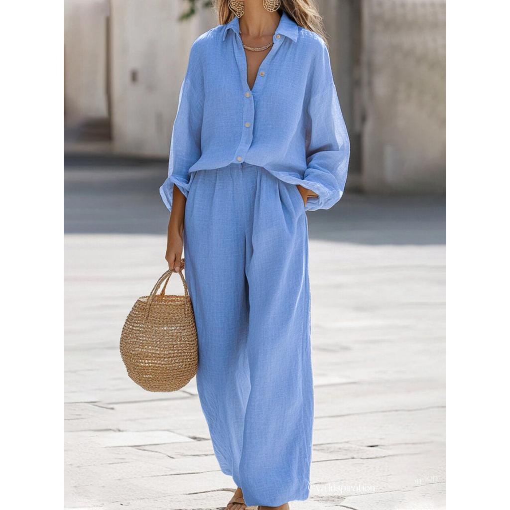 Women's Loose Two Piece Outfit Long Sleeve Collar Shirt High Waist Wide Leg Linen Matching Suit