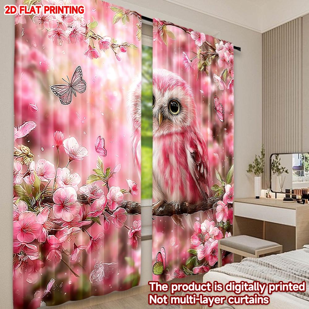 Set Of 2 Flat Printing Happy Valentine Day Party Curtain Creative Pink Owl Digital Printed Polyester Drapes Holiday Decorations