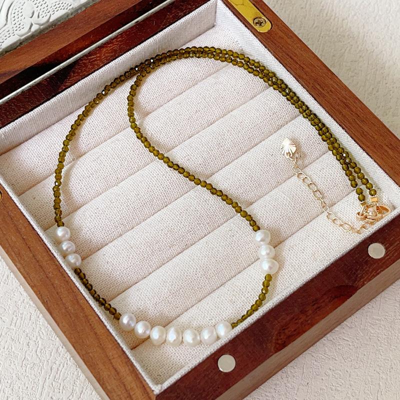 Olive Green, Natural Freshwater Pearl Beaded Necklace Bracelet Pastoral Spring Versatile Girl