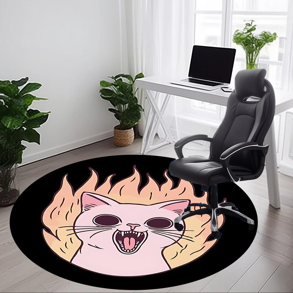 1pc Flaming Cat Office Round Area Rug, Mat Suitable For Office, Under Office Chairs Bedroom Living Room Home Decor, Room Deco