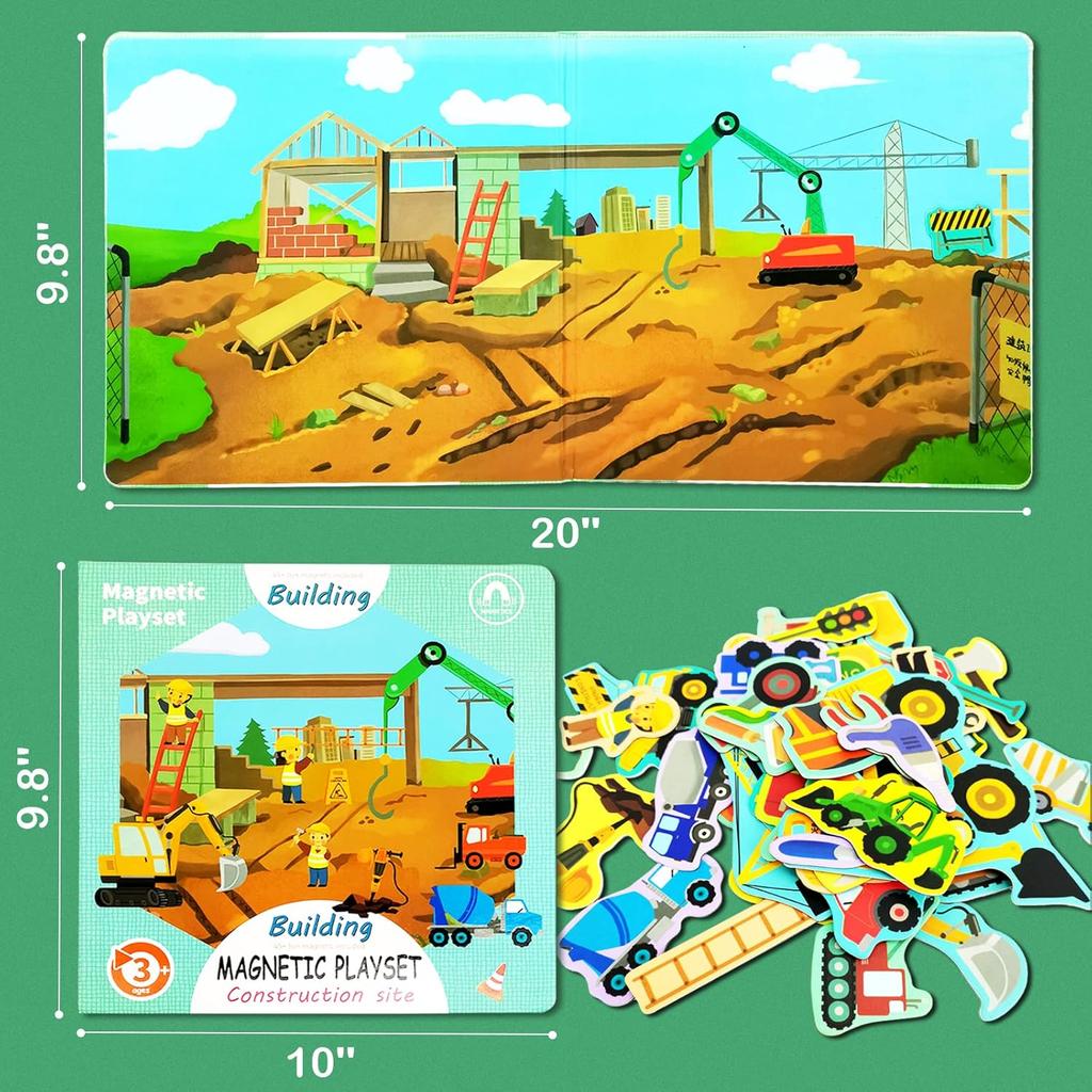 Construction Site Fridge Magnets for Toddlers, 50 PCS Refrigerator Magnets for Kids, Create a Scene Magnetic Play Sticker Book Travel Game