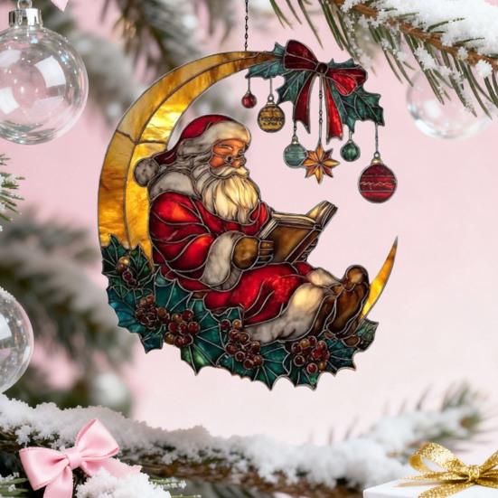 Cozy Santa Reading On Moon Suncatcher Christmas Stained Glass Look Window Hanging Ornament with Berries Bow for Holiday Window Wall Decor