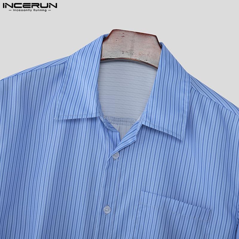 INCERUN Oversized Men Lapel Neck Long Sleeve Striped Casual Buttons Up Shirts