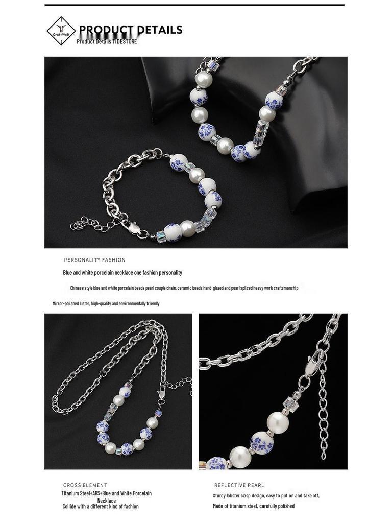 Original Blue & White Porcelain Titanium Steel Clavicle Chain: Chinese Style Hip Hop Necklace for Men & Women