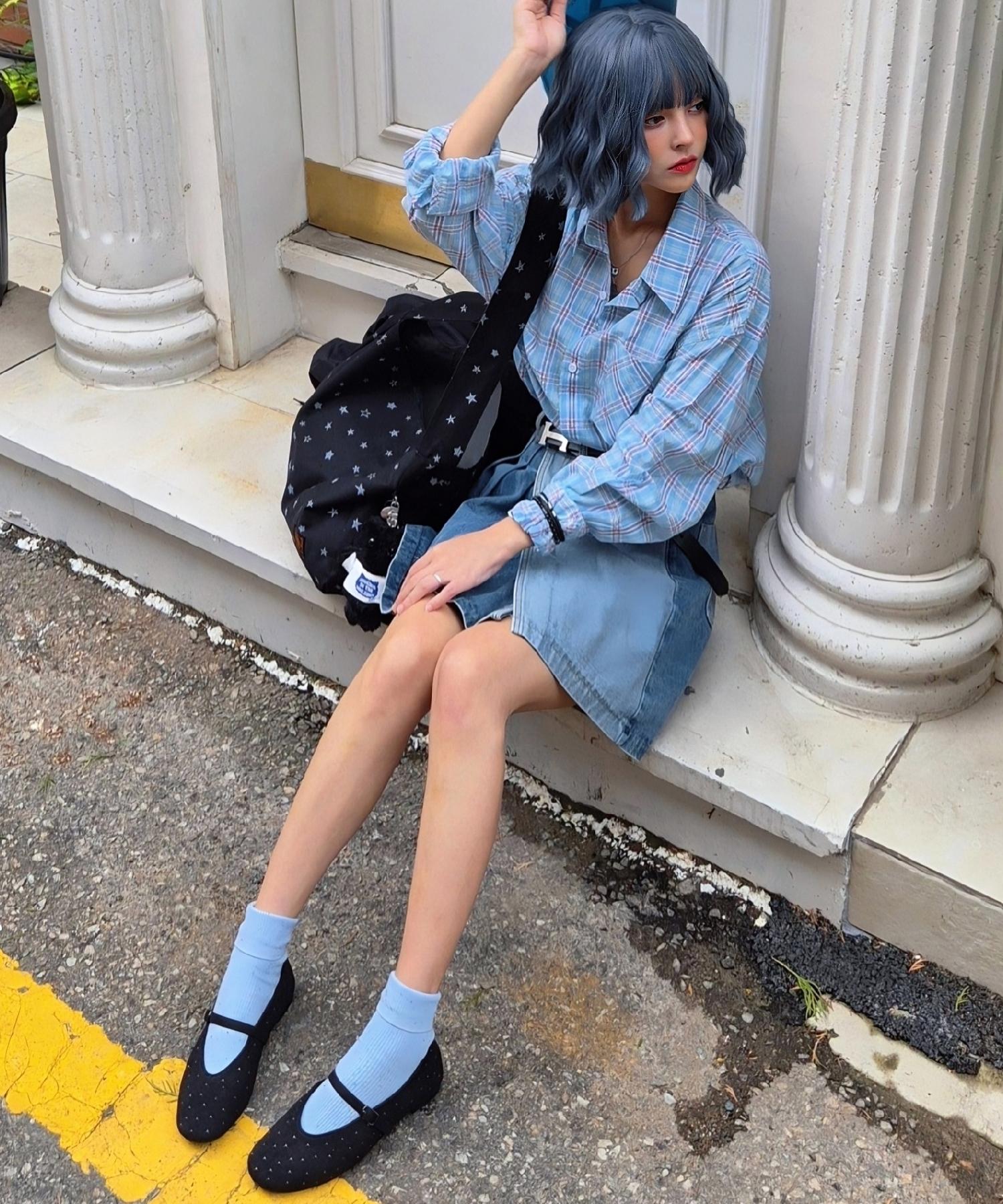 Cream Soda Lab Vintage Tartan Oversized Flannel Shirt Sky Blue/Free