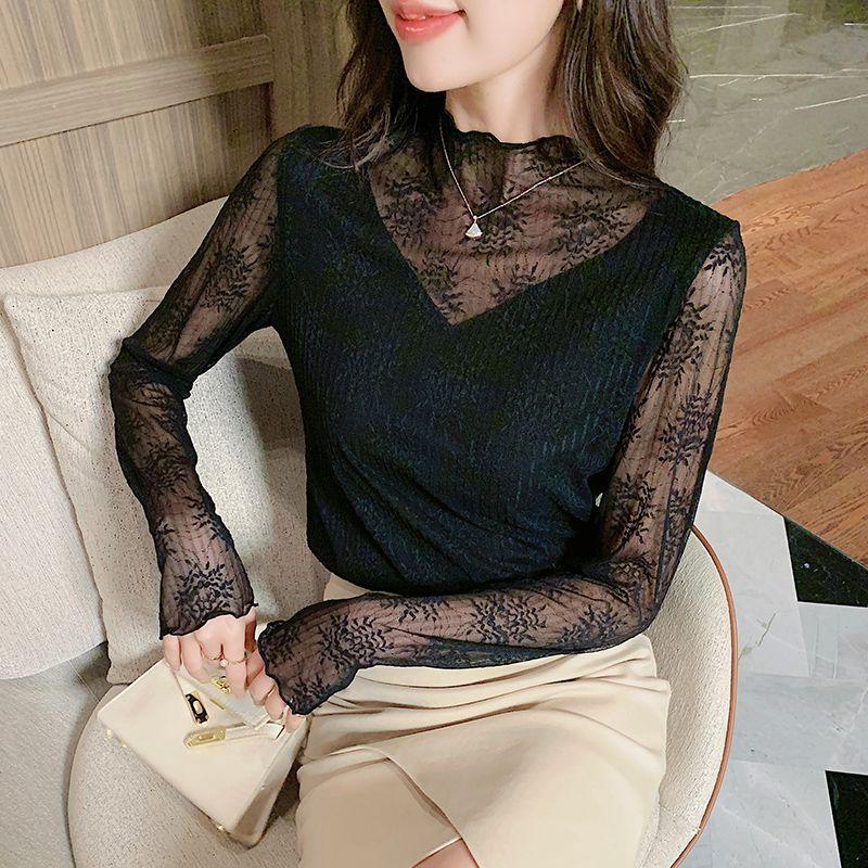 K-style Fashion Commuter Ol Stand Collar & White Sneaky Design See-through Slim-Fit Easiest for Match Long Sleeves T-shirt Lace Bottoming Shirt Spring