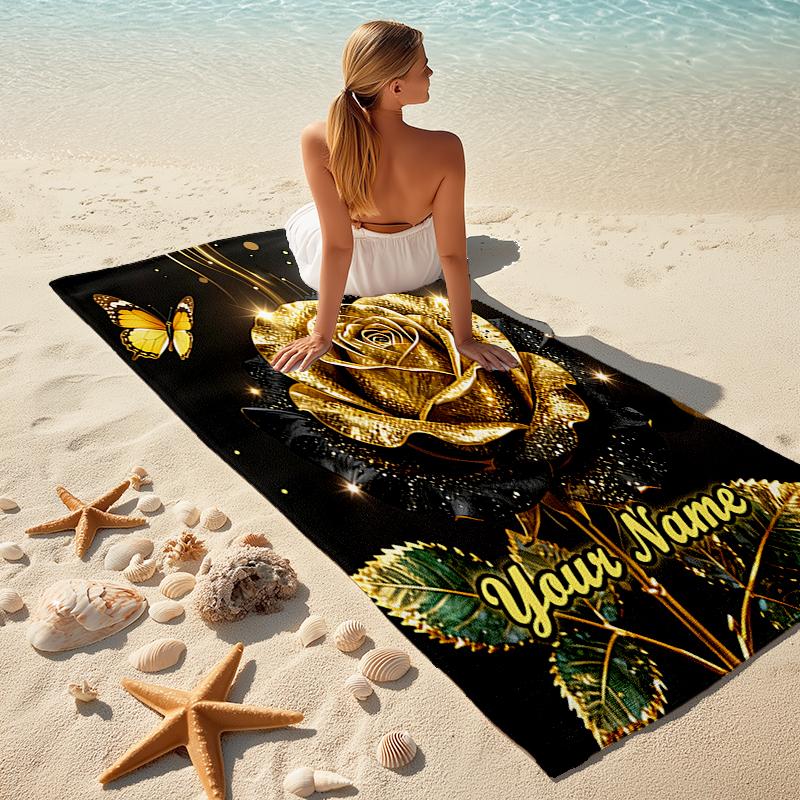 1PC Custom Name Golden Rose Elegance Beach Towel Highly Absorbent And Sand-Resistant Towel for Swimming, Pool, Yoga, And Travel Lightweight