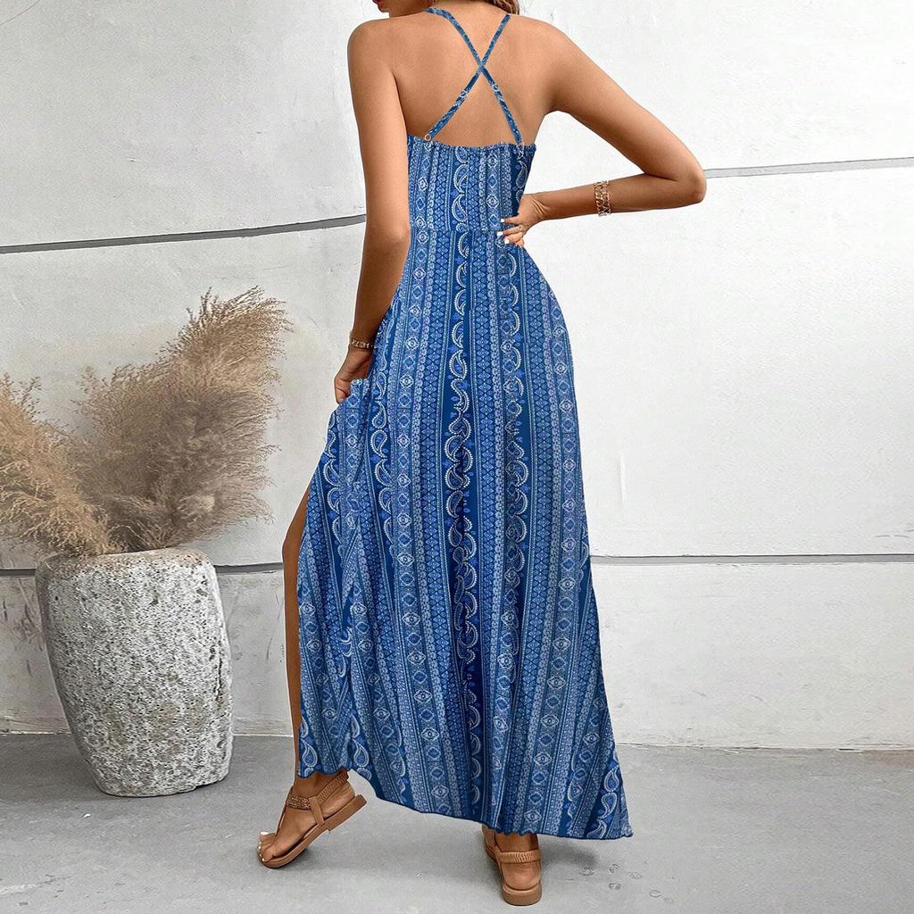 Sleeveless Bohemian Print Maxi Dress for Women with Adjustable Spaghetti Straps and V Neck Relaxed Fit
