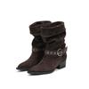 Cowhide version White Deer leather thick heel medium boots retro belt buckle pointed western cowboy boots knight boots