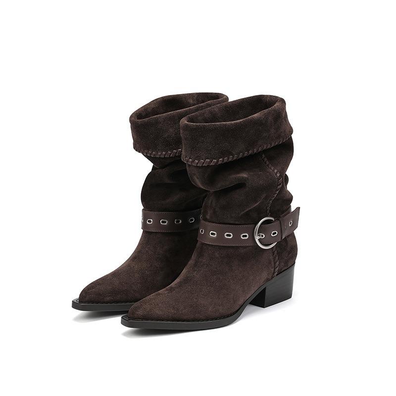 Cowhide version White Deer leather thick heel medium boots retro belt buckle pointed western cowboy boots knight boots