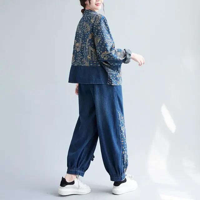 Autumn Ethnic Style Stitching Printing Disc Buckle Casual All-match Loose Jeans Suit