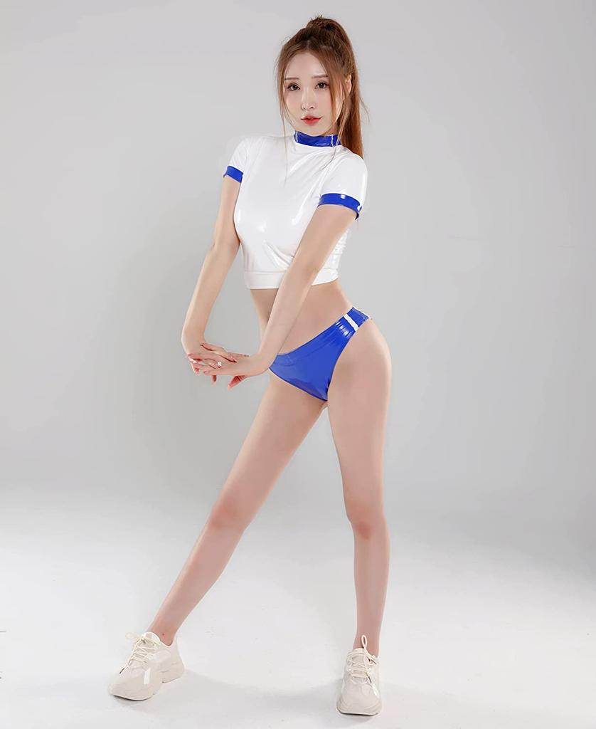 LOST-G Women's Tight Gymnastics Uniform, High School/Junior High School Girl, Cute Cosplay Costume, Top and Bloomers, 2-Piece Set (BLUE & WHITE)