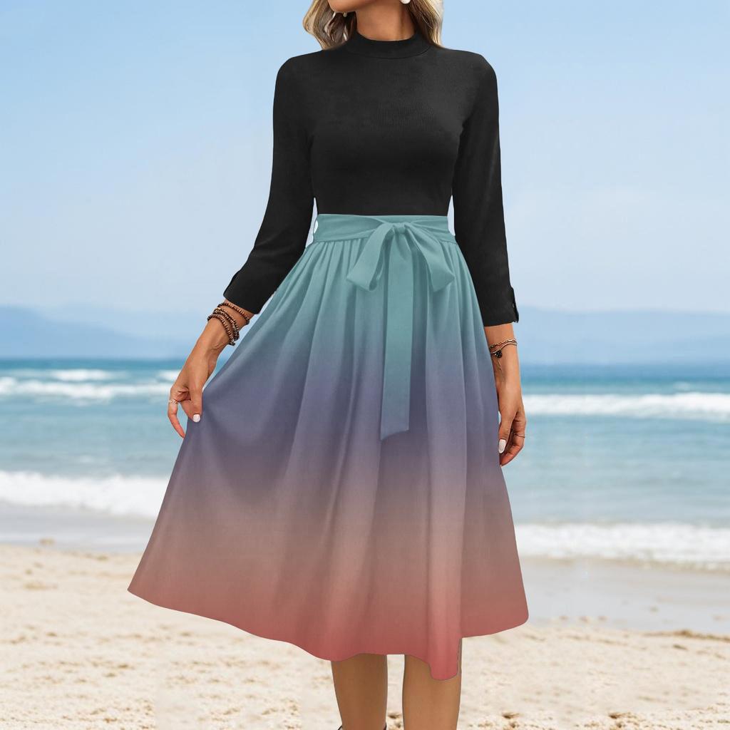 Women's Fashion Casual Belt Seven Sleeve Round Neck Gradient Temperament Dresses