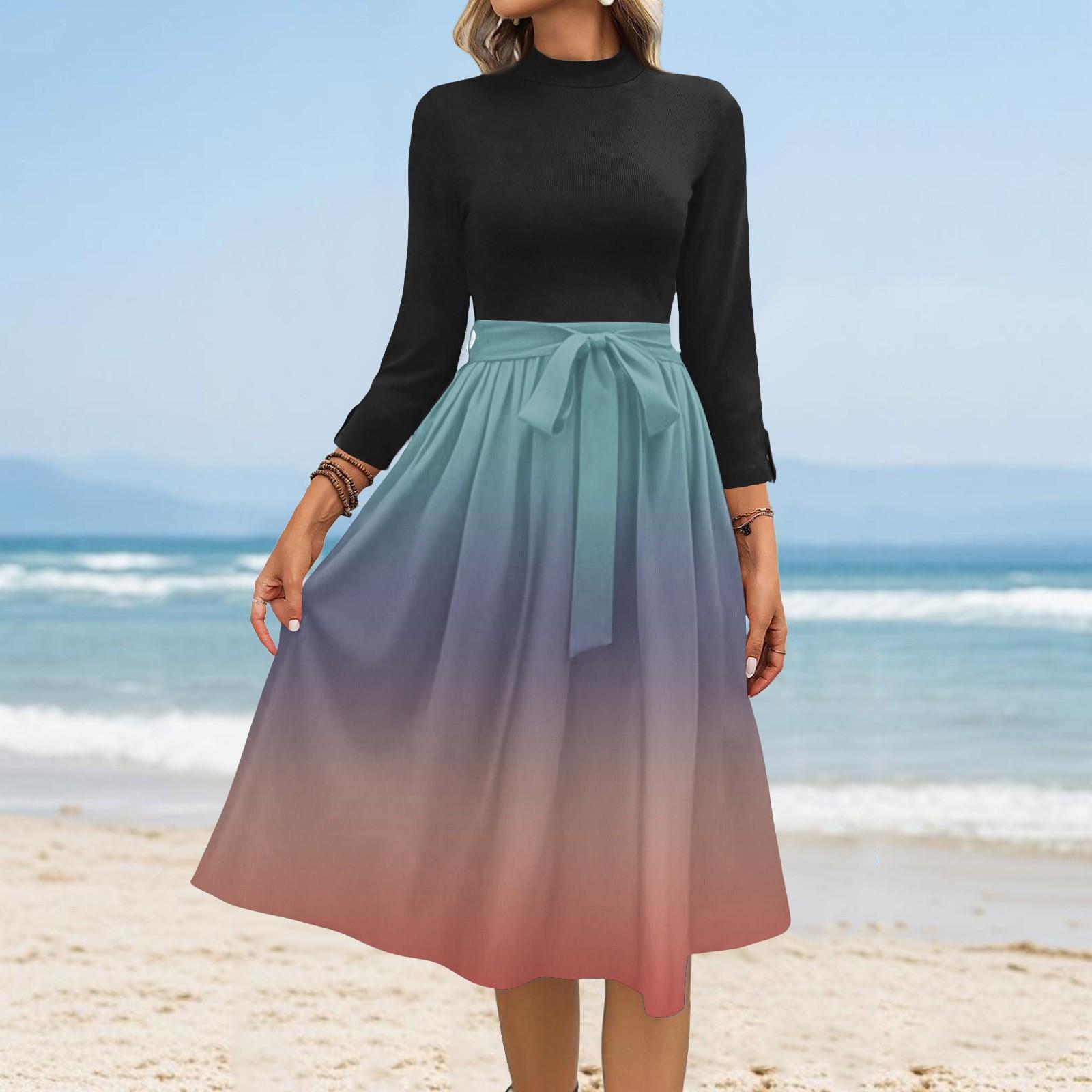 

Women s Fashion Casual Belt Seven Sleeve Round Neck Gradient Temperament Dresses L