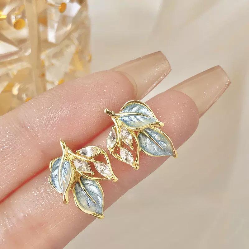Blue Unique Leaf Earrings, Fashionable Small Fresh Earrings, Niche Light Luxury High-End Versatile Earrings
