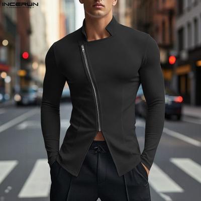 Men Stand Neck Long Sleeve Side Zipper Fitted Casual Tops T-shirts