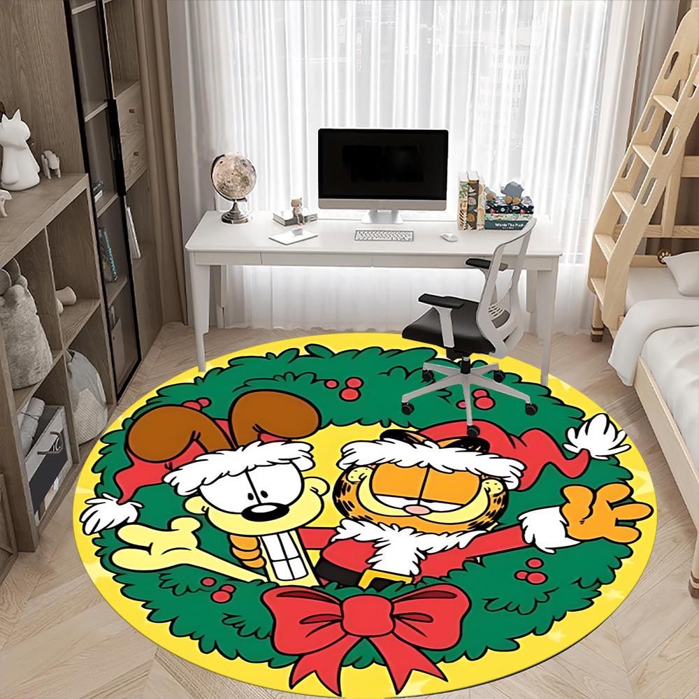 1PC Christmas Garfield and Odie Office Round Rug - Perfect for Office or Study Decor, Machine Washable, Non-Slip Backing, Decorative Floor Mat