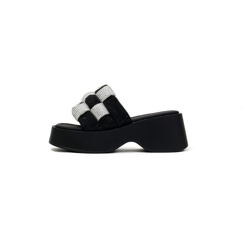 

Black and white checkerboard thick bottom heightening sandals women s summer new summer wear rhinestone open-toed slippers 34 чёрный