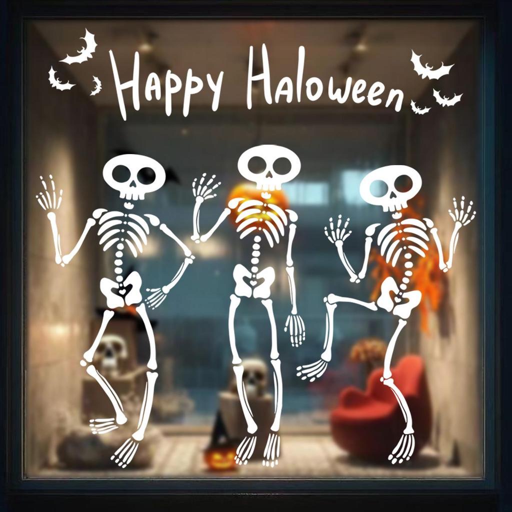 Halloween Skull and Bat Static Cling Window Stickers - Fun, Decorative Decals for Shop or Door Windows