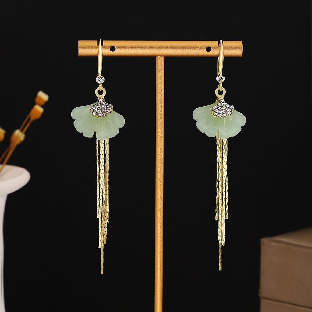 Ancient Chinese Style Beaded Tassel Earrings with Flower Fan and Bowknot