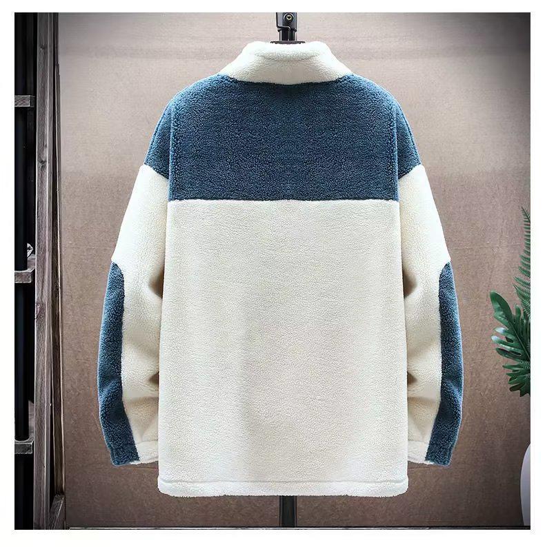 Herren Kontrastfarbene Lammwolle Winterjacke - Dick, Warm, Locker geschnittener Lässiger Baumwollmantel