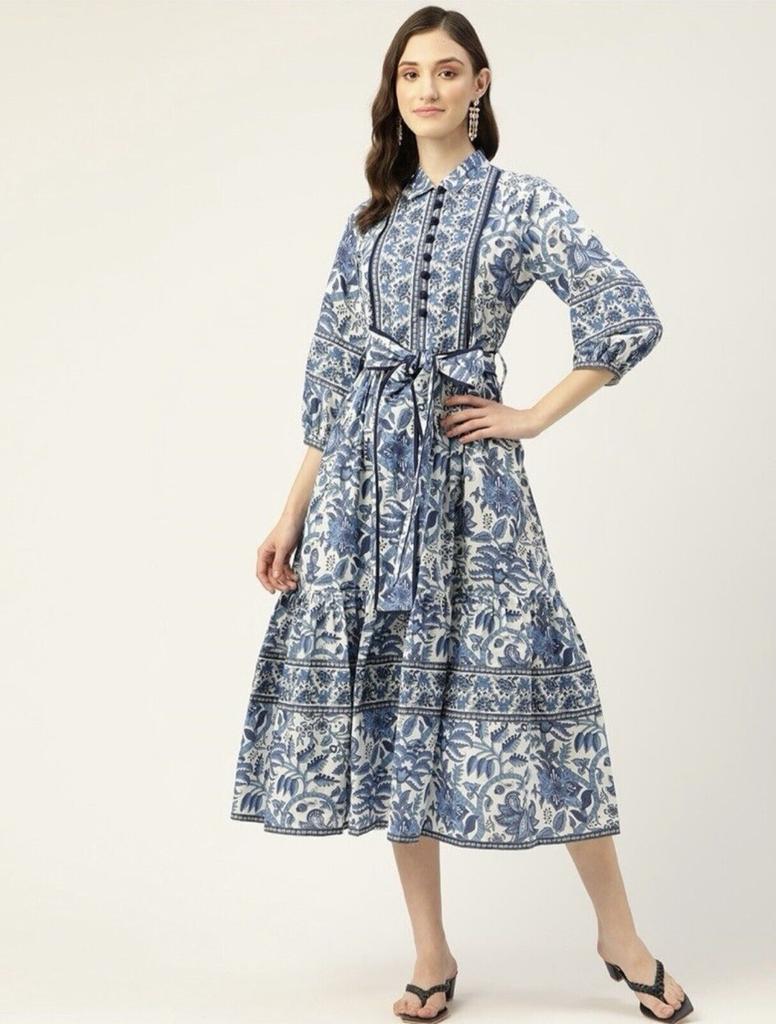 HandBlock Print Dress Jaipur Morni Cotton Summer Midi Dress Blue Cotton Shirt Dress with Belt,pockets
