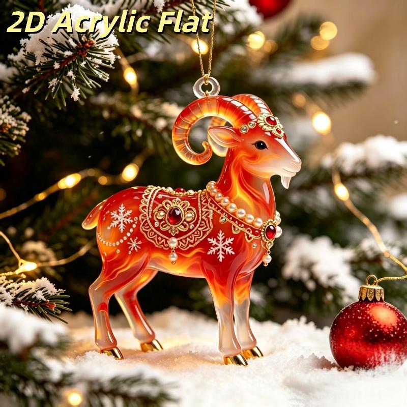 2D Acrylic Goat Christmas Tree Pendants Cute Animal Sheep Hanging Ornaments For Xmas Tree Decor Party Supplies  Year Gifts