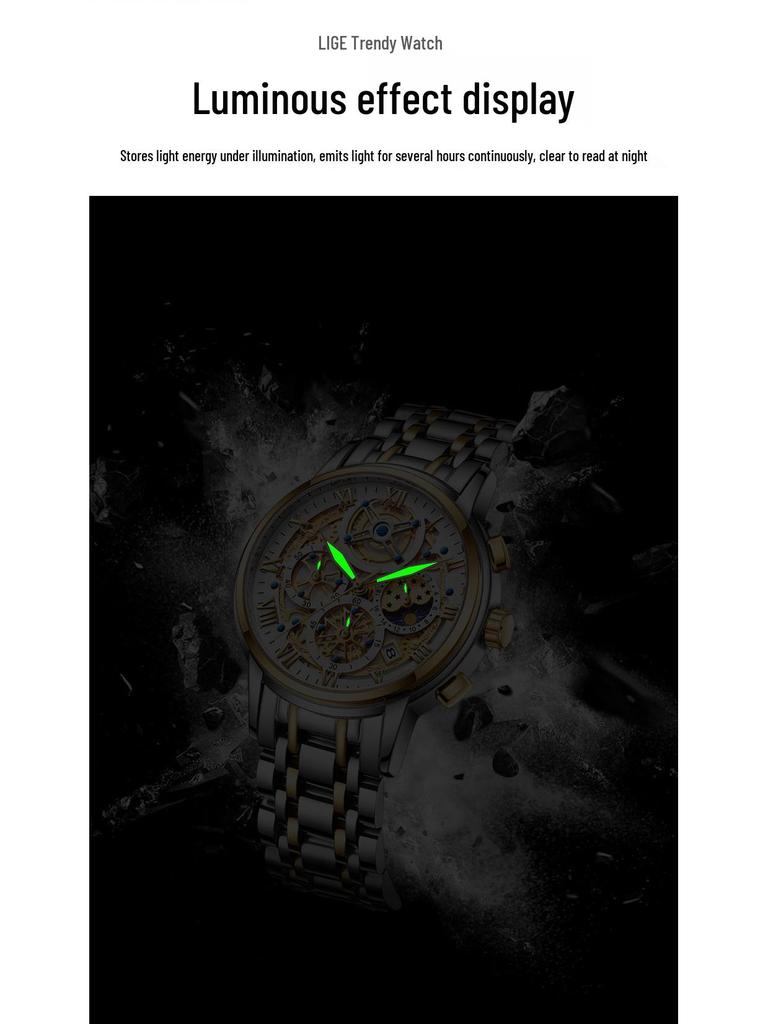 Ceas de mână elegant cu schelet pentru bărbați, cu mecanism quartz: Luminos, Rezistent la apă, Brățară din oțel