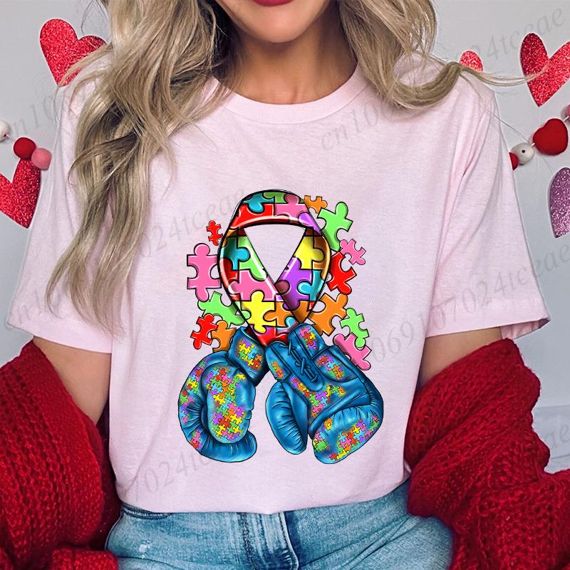 Autism Awareness with Boxing Gloves Shirts for Women Clothing Be Kind Puzzle Neurodiversity Tees Autistic Pride Female Clothing