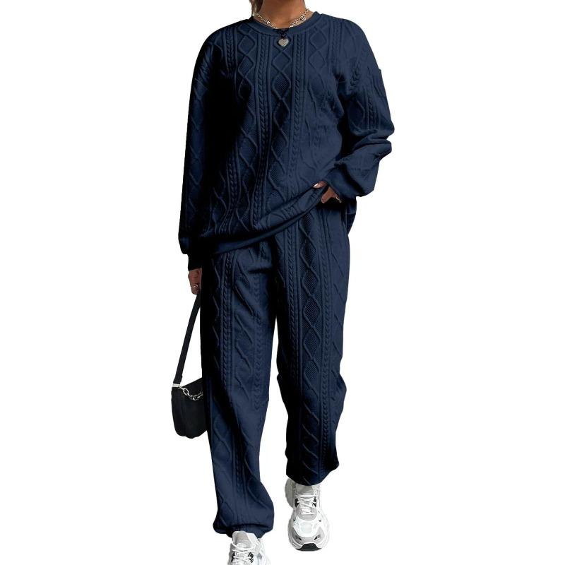 Damtröja med flätstickning, rund halsringning, långa ärmar & Joggingbyxor med resår i bensluten 2-delat Träningsset Casual Loungewear Set