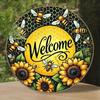 Vintage Bee Welcome Wreath Metal Wall Sign 8x8 Inch Rustic Aluminum Decor Outdoor Plaque For Front Door Porch Home