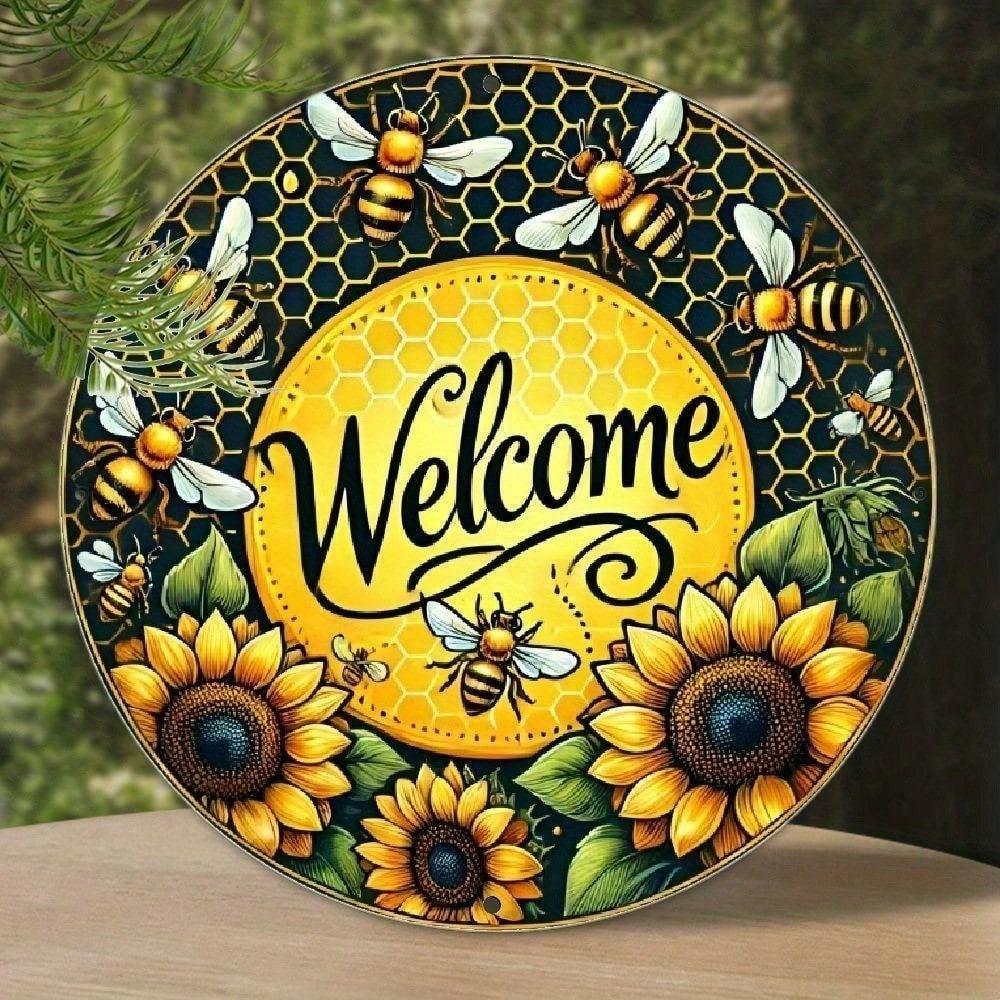 Vintage Bee Welcome Wreath Metal Wall Sign 8x8 Inch Rustic Aluminum Decor Outdoor Plaque For Front Door Porch Home