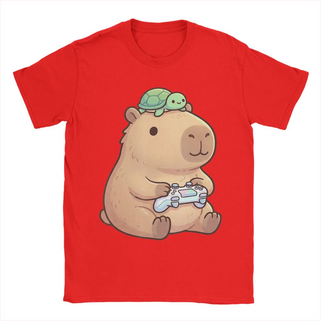 Cute Capybara Anime Gamer TShirts for Men Leisure Pure Cotton Tee Shirt O Neck Short Sleeve T Shirts Printing Clothing