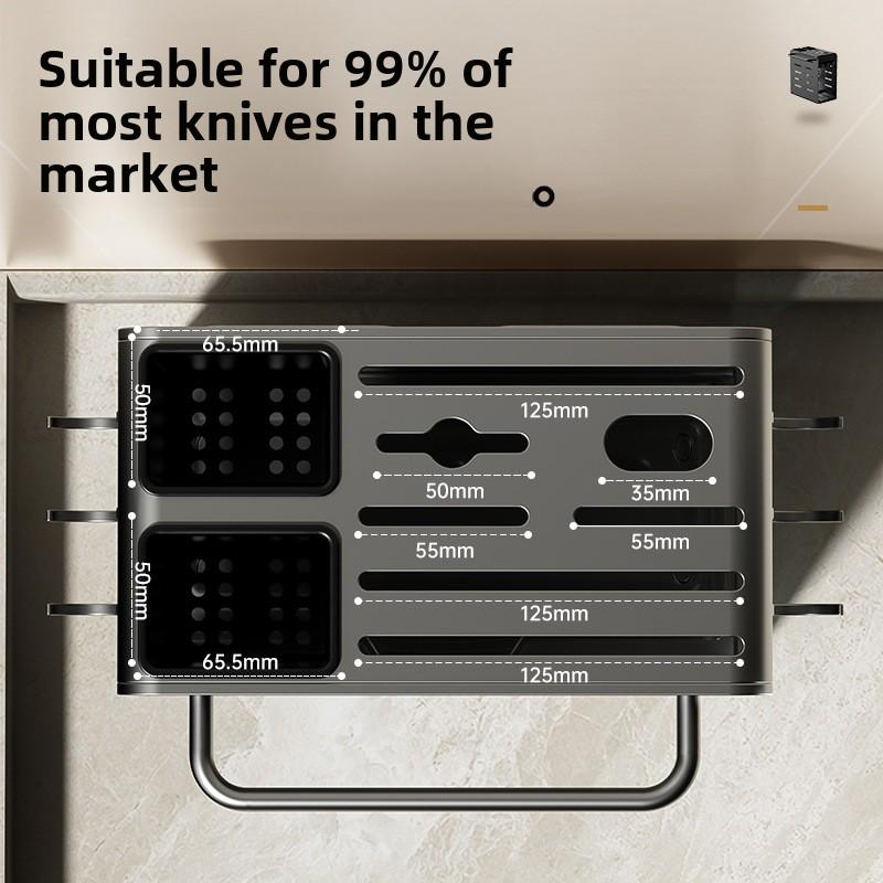 Kitchen Wall Mount Knife Holder Organizer Rack with Chopstick Storage and Dish Drying Tray, No Drilling Required