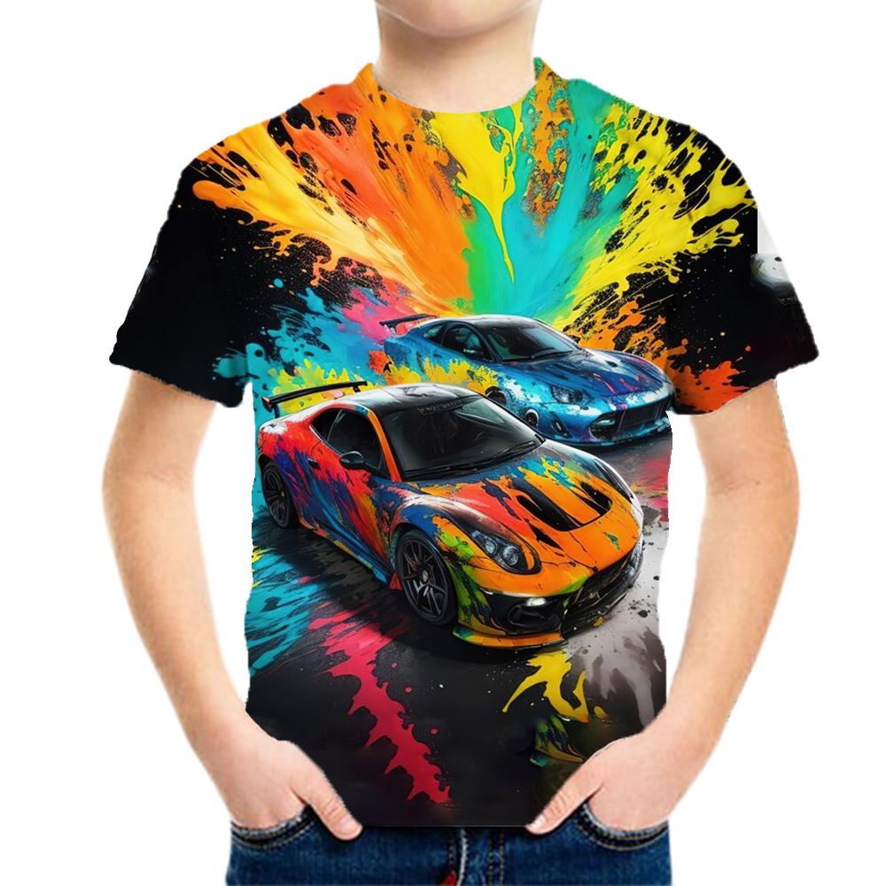 Boys' clothing, racing patterns, children's T-shirts, short sleeved children's clothing, 3D fashion clothing, boys' and children's summer clothing