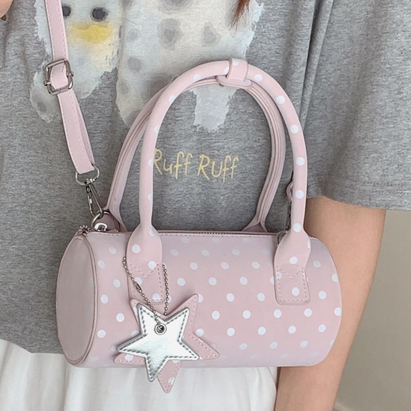 French Vintage Polka Dot Shoulder Bag for Women Sweet PU Leather Crossbody Bag Underarm Pillow Bag with Star Pendant