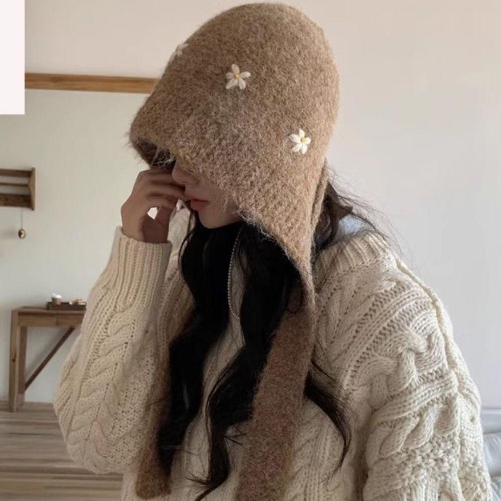 Woolen Neck Collar Beanies Cap Embroidered Flowers Pullover Cap Cute Knitted Balaclava Hat Female