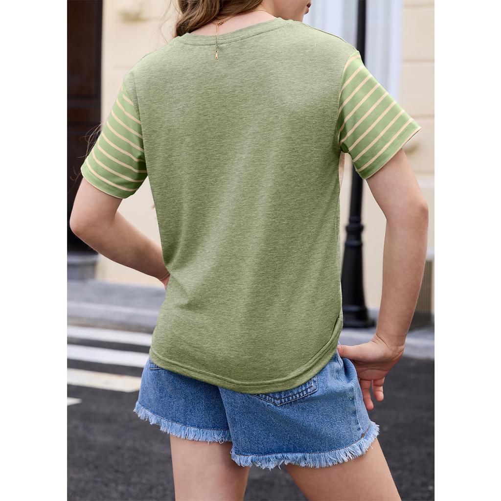 Girls Summer Shirts Short Sleeve Color Block Tops