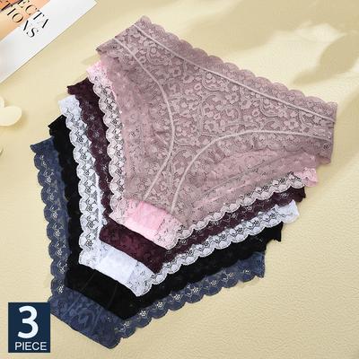3Pcs Ladies' Sexy Lace Underwears Transparent Sexy Briefs Lace-Trimmed Comfortable Panties Cotton Breathable Crotch