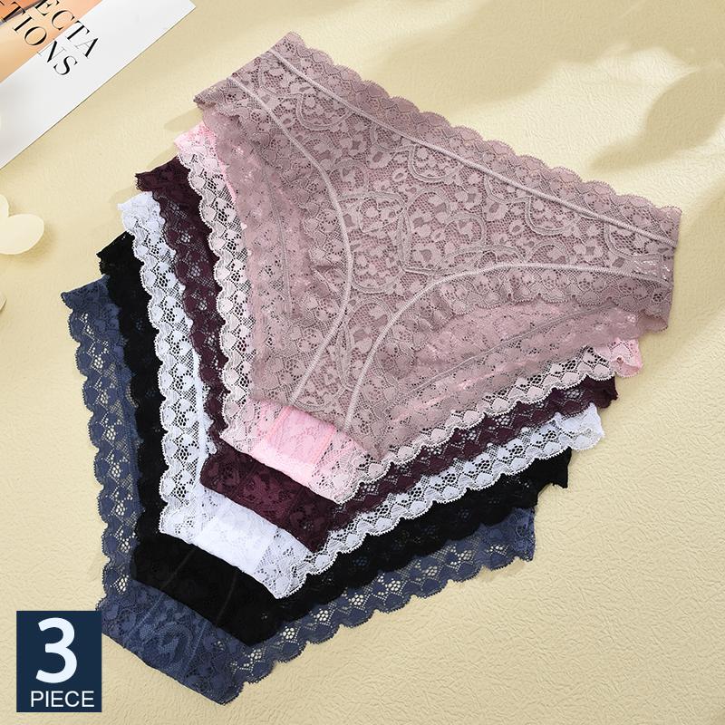 3Pcs Ladies' Sexy Lace Underwears Transparent Sexy Briefs Lace-Trimmed Comfortable Panties Cotton Breathable Crotch