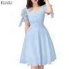 Womens Square Collar Casual Mesh Splice Short Sleeve A-Line Dress