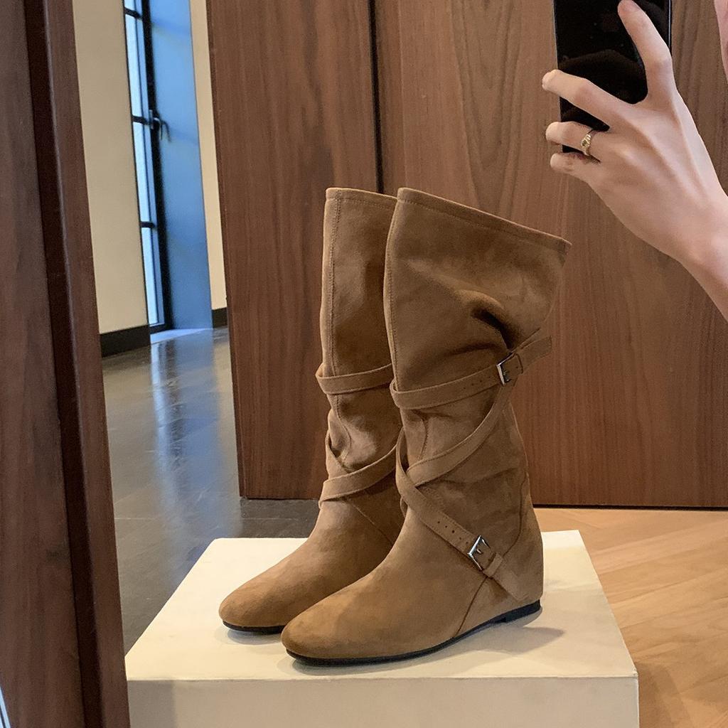 Cowhide Version Grape Mother Inner Height Increase 6cm Knight Boots Women's Cross Buckle Pleated Long Boots Slim Medium Boots