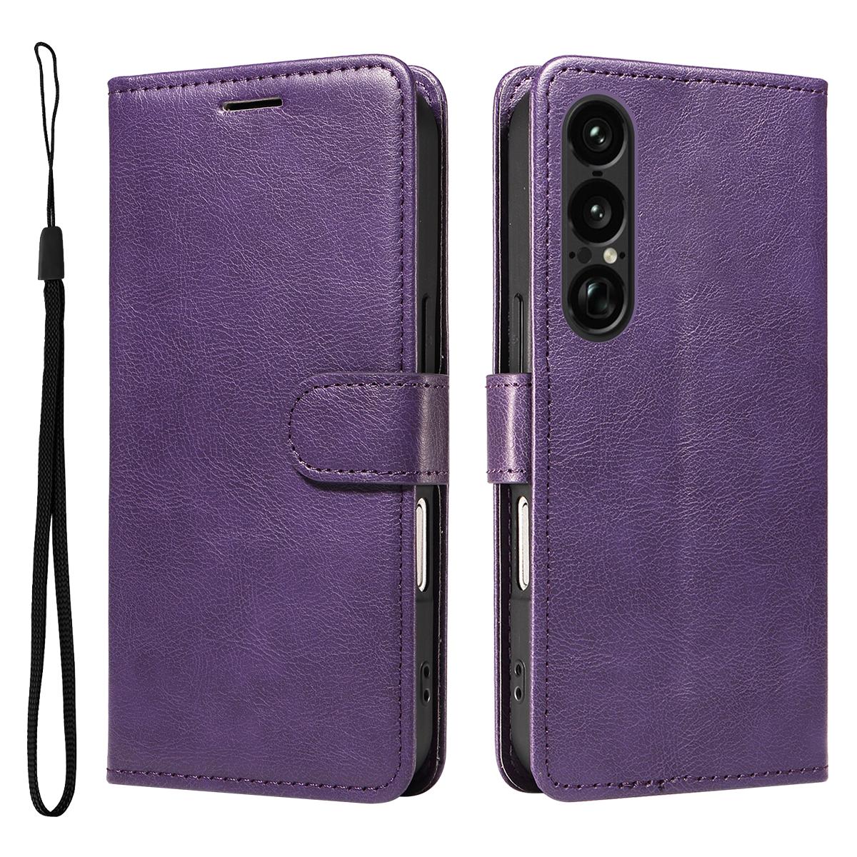 

For Sony Xperia 1 VII Leather Wallet Case with Strap Solid Color Phone Stand Cover E