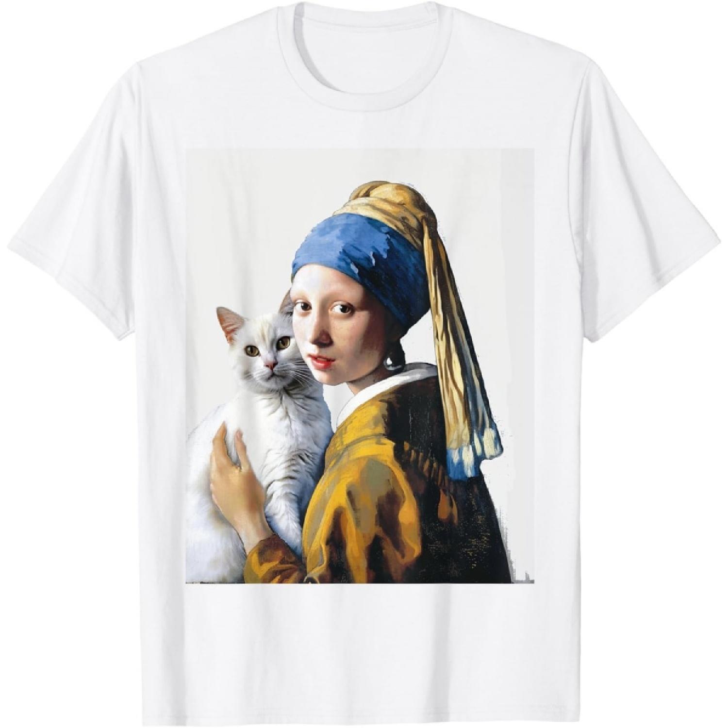 Girl with a Pearl Earring and cat by Johannes Vermeer T-Shirt XXXXXL белый