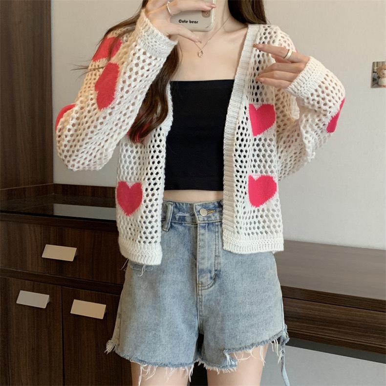 Женский вязаный свитер с сердцем кардиган сладкий модный пуловер топы женский свитер с длинным рукавом и вырезом One Size белый 1479₽