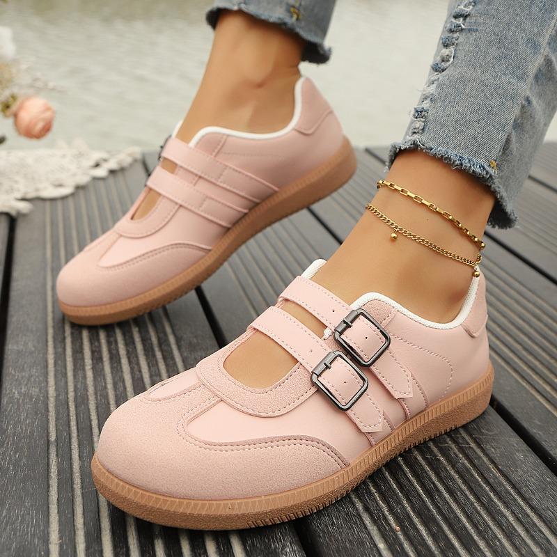 Women's Double-Buckle Thick-Soled Versatile Casual Low-Top Sports Shoes, Solid Color Footwear, Available In Large Sizes.