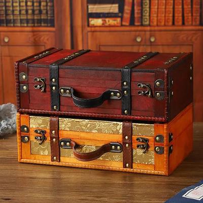 Vintage Design Suitcase Wooden Storage Box W/Handle European Style Treasure Jewelry Chest Storage Case for Home Travel
